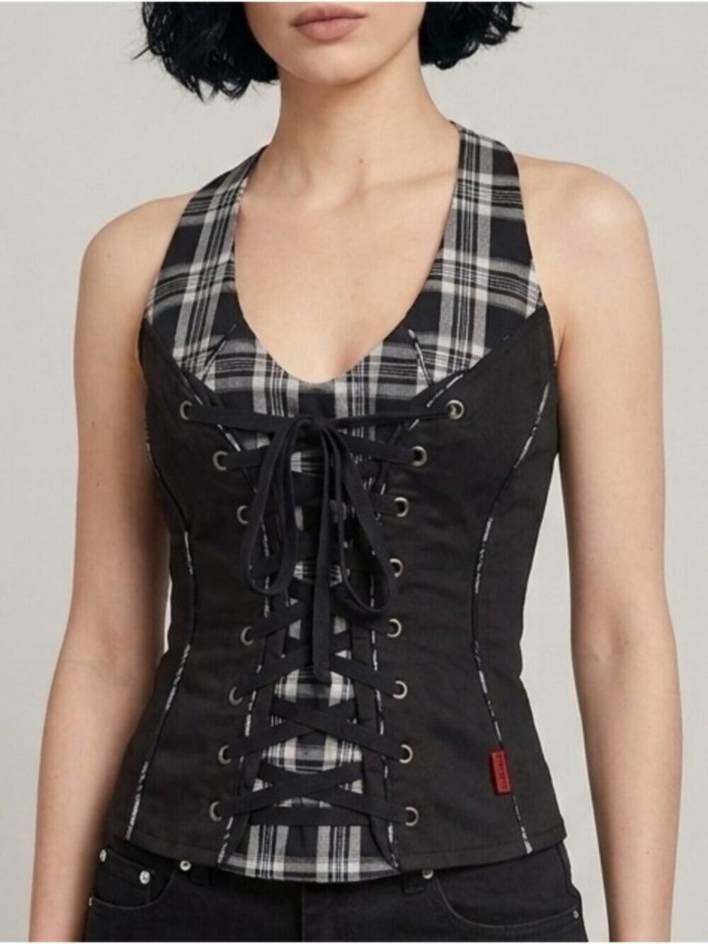 New Tripp NYC Black Plaid Lace-Up Corset Top Size M Grunge Goth Concert Cotton